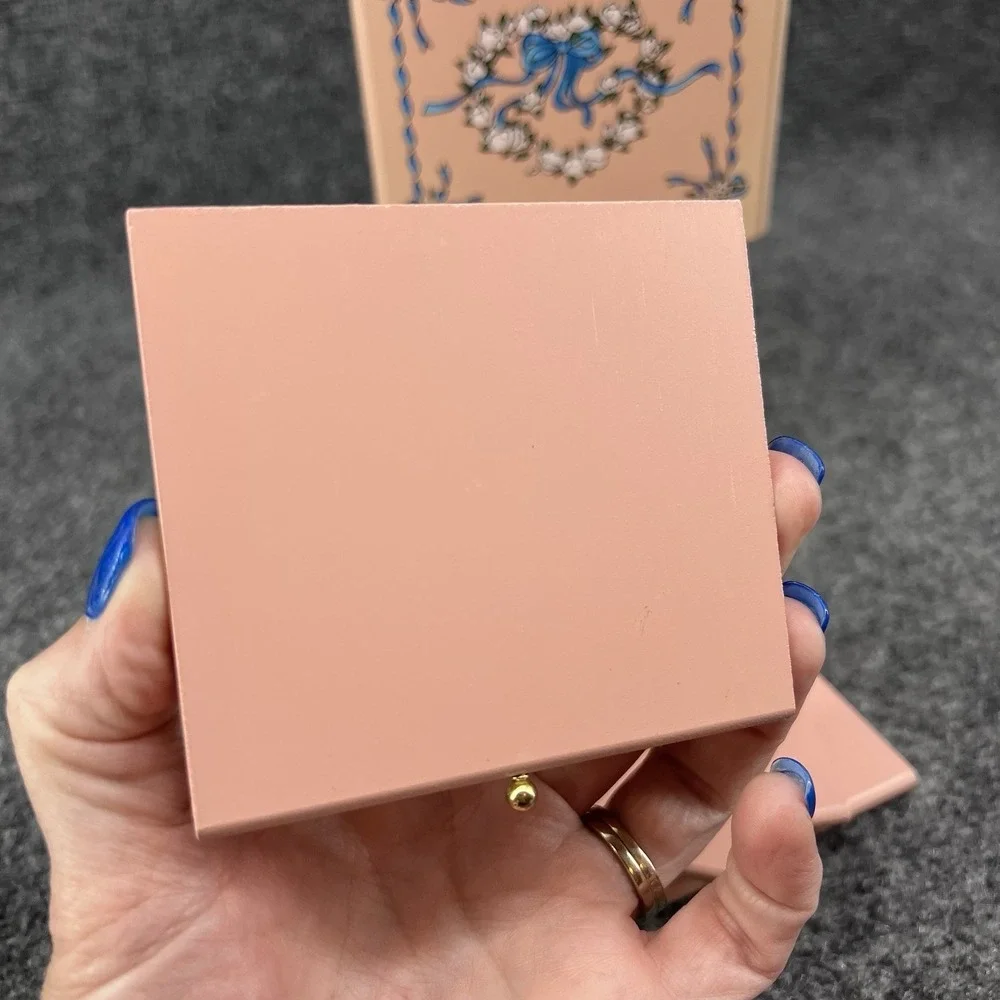 Vtg Set of 6 Pink Wood & Cork Square Coasters & Floral Blue Ribbon Storage Box